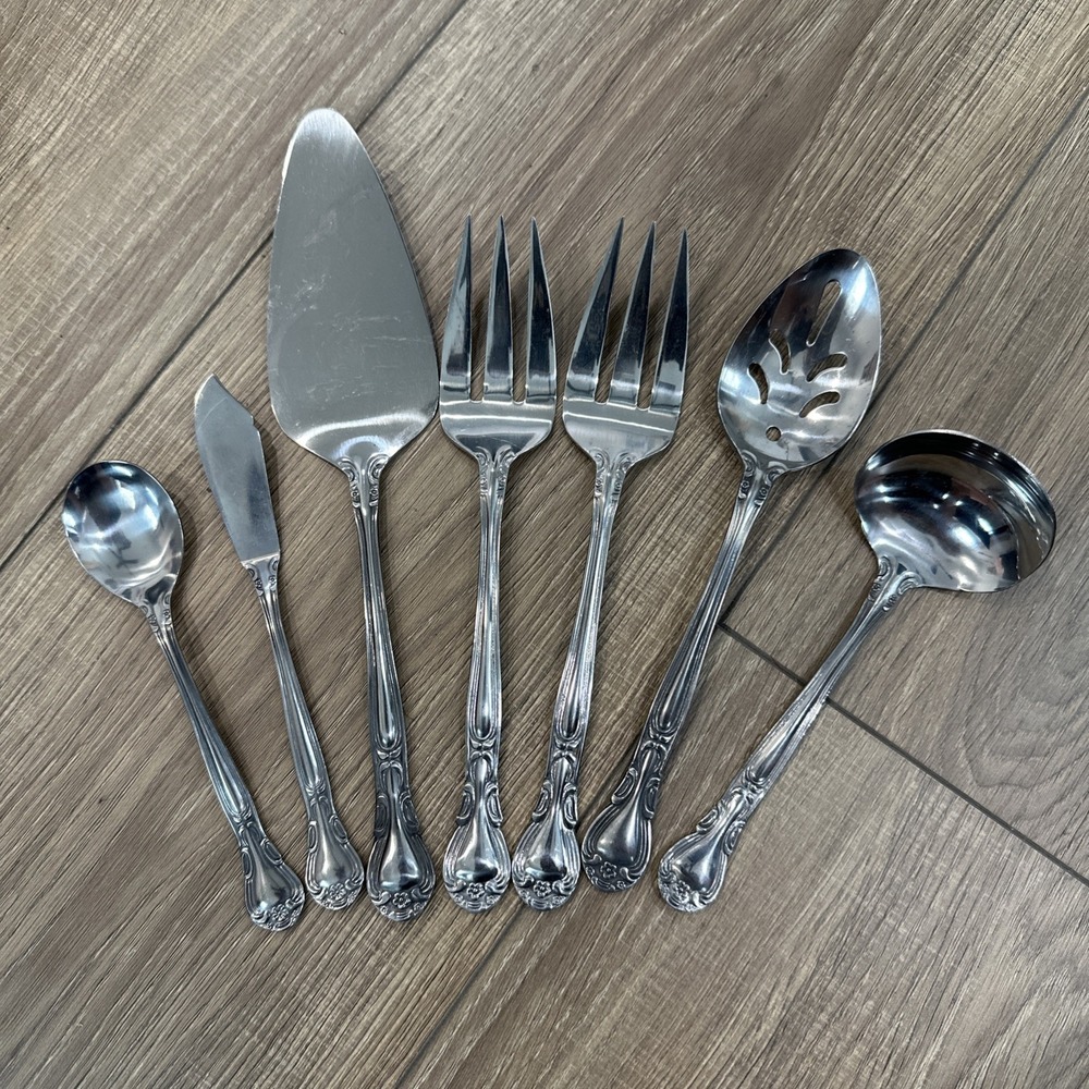 Set of 7 Wallace Plantation Stainless Hostess Set Floral Scroll Design Japan EUC